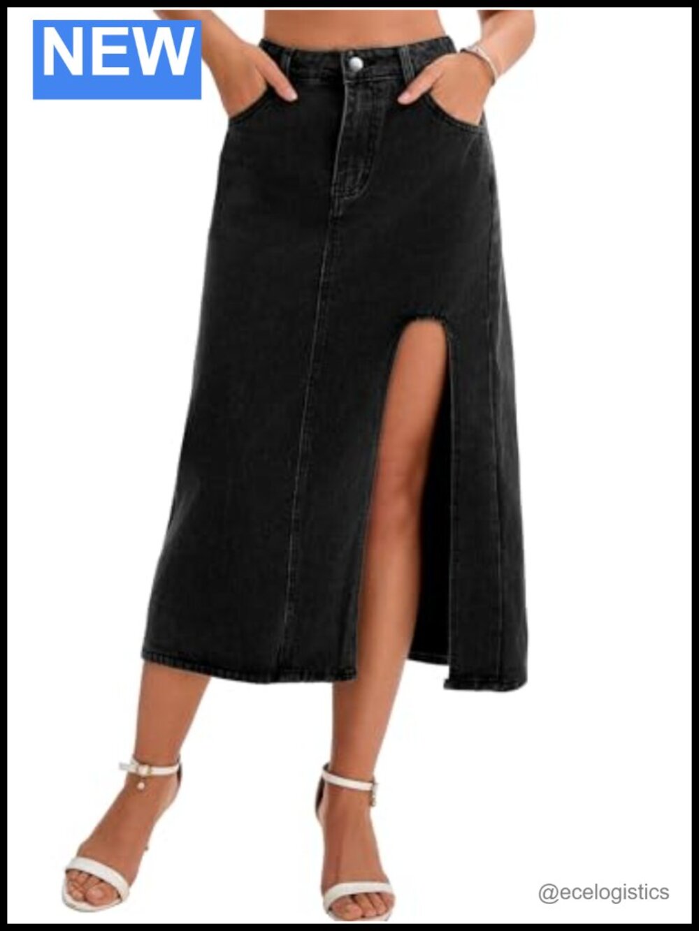 Women's High Waisted Long Denim Skirt with Slit and Pockets